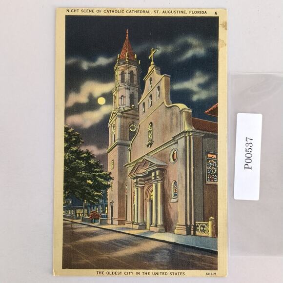 Night Scene Catholic Cathedral St Augustine Florida 1940s Linen Postcard FL 1944 - Picture 1 of 2